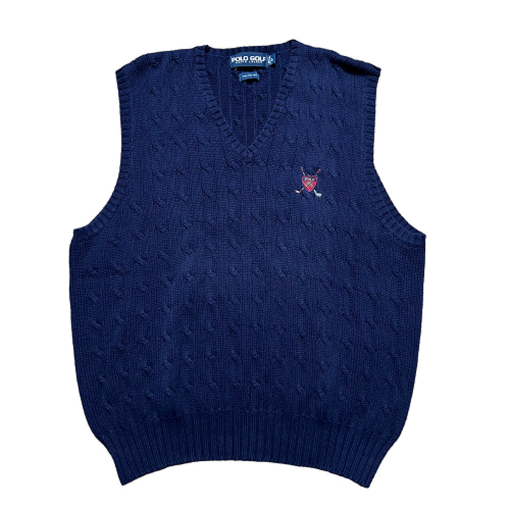 Polo Ralph Lauren Men Blue Chunky Knit Sleeveless Golf Vest Sweater Cotton Large